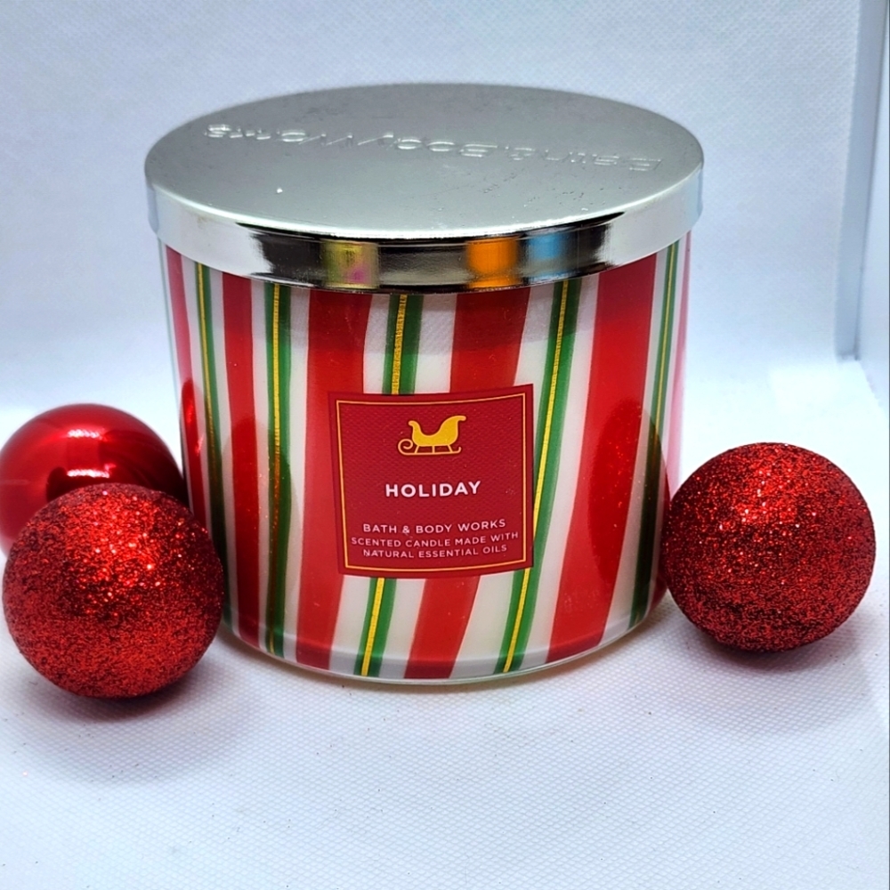 Bath & Body Works Holiday 3 Wick Candle Christmas Striped Jar NWT